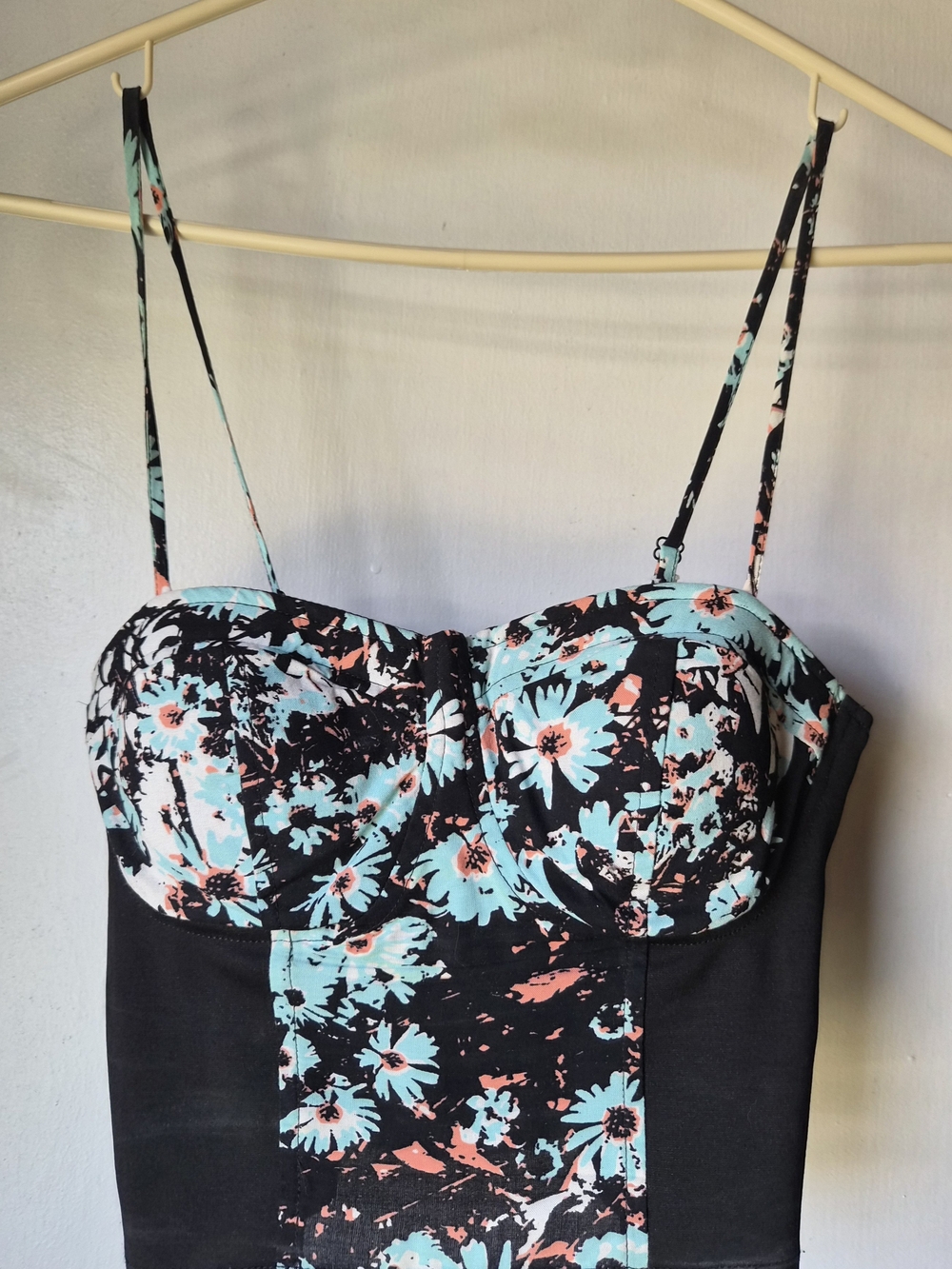 Floral Bustier Cami in Black with Aqua & Coral Flowers